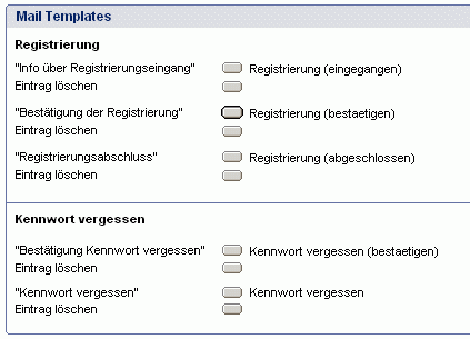 Konfigurationsdokument der Benutzerverwaltung - Reiter Konfiguration - Bereich Mail Templates