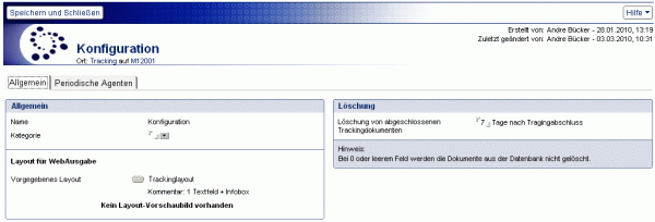 Konfigurationsdokument der Trackingdatenbank - Reiter Allgemein